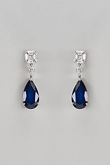 White Finish Blue & White Swarovski Dangler Earrings In Sterling Silver