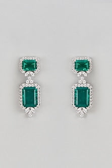 White Finish Green & White Swarovski Dangler Earrings In Sterling Silver