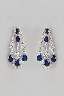 White Finish Swarovski & Synthetic Blue Stone Chandelier Earrings In Sterling Silver