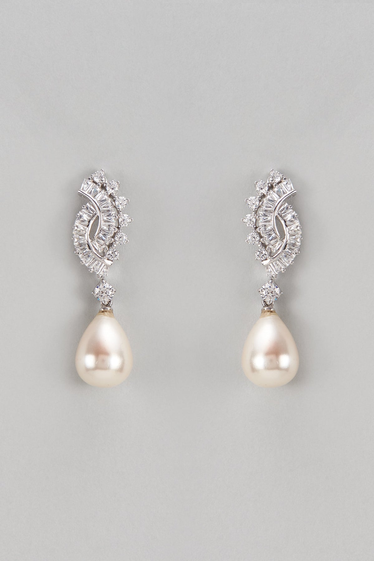 White Finish Swarovski & Pearl Dangler Earrings In Sterling Silver