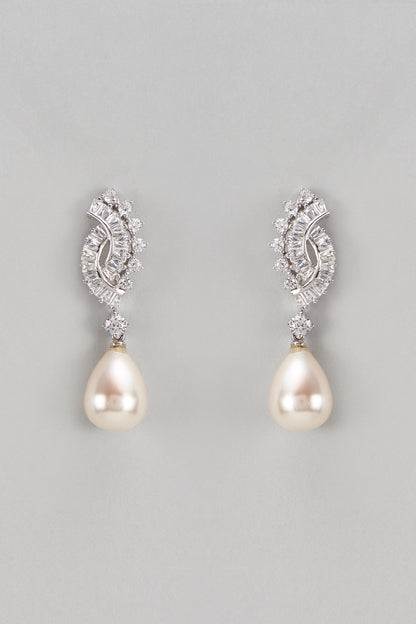 White Finish Swarovski & Pearl Dangler Earrings In Sterling Silver