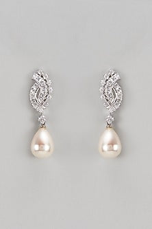 White Finish Swarovski & Pearl Dangler Earrings In Sterling Silver