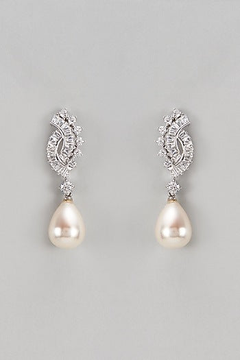 White Finish Swarovski & Pearl Dangler Earrings In Sterling Silver