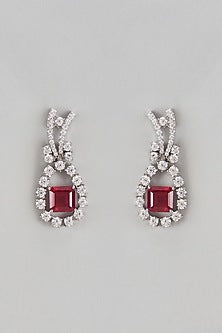 White Finish Swarovski & Synthetic Red Stone Dangler Earrings In Sterling Silver