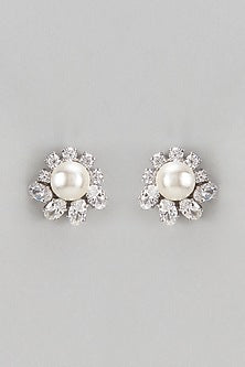 White Finish Swarovski & Pearl Stud Earrings In Sterling Silver