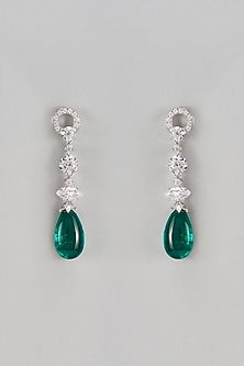 White Finish Swarovski & Green Pear Stone Dangler Earrings In Sterling Silver