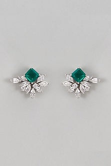 White Finish Swarovski & Synthetic Green Stone Stud Earrings In Sterling Silver