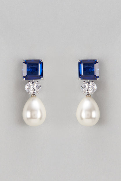 White Finish Swarovski & Synthetic Blue Stone Dangler Earrings In Sterling Silver