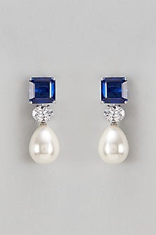 White Finish Swarovski & Synthetic Blue Stone Dangler Earrings In Sterling Silver