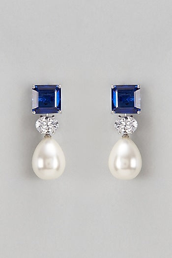 White Finish Swarovski & Synthetic Blue Stone Dangler Earrings In Sterling Silver