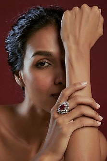 White Finish Red & White Swarovski Ring In Sterling Silver