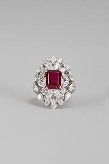 White Finish Red & White Swarovski Ring In Sterling Silver