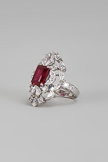 White Finish Red & White Swarovski Ring In Sterling Silver