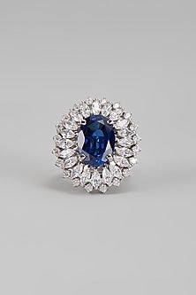 White Finish Blue & White Swarovski Ring In Sterling Silver