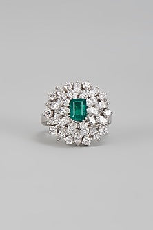 White Finish Green & White Swarovski Ring In Sterling Silver