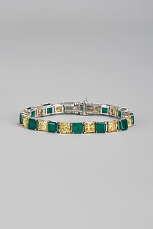 White Finish Green & Yellow Swarovski Tennis Bracelet In Sterling Silver