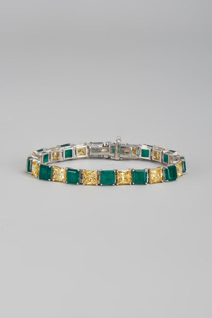White Finish Green & Yellow Swarovski Tennis Bracelet In Sterling Silver