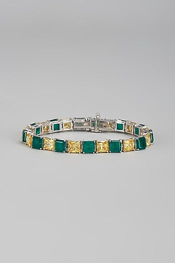 White Finish Green & Yellow Swarovski Tennis Bracelet In Sterling Silver