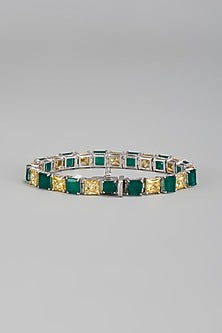 White Finish Green & Yellow Swarovski Tennis Bracelet In Sterling Silver