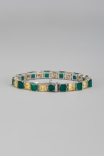 White Finish Green & Yellow Swarovski Tennis Bracelet In Sterling Silver