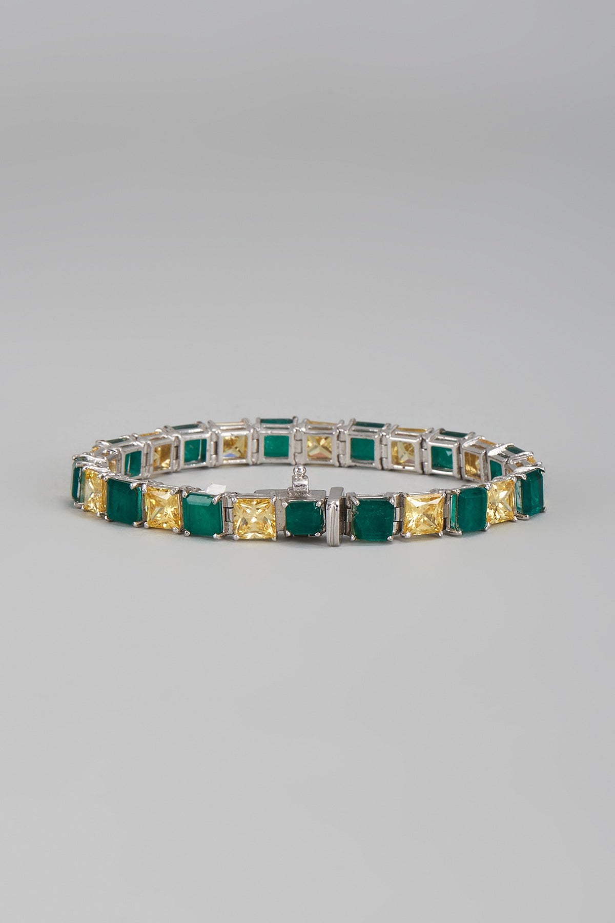 White Finish Green & Yellow Swarovski Tennis Bracelet In Sterling Silver