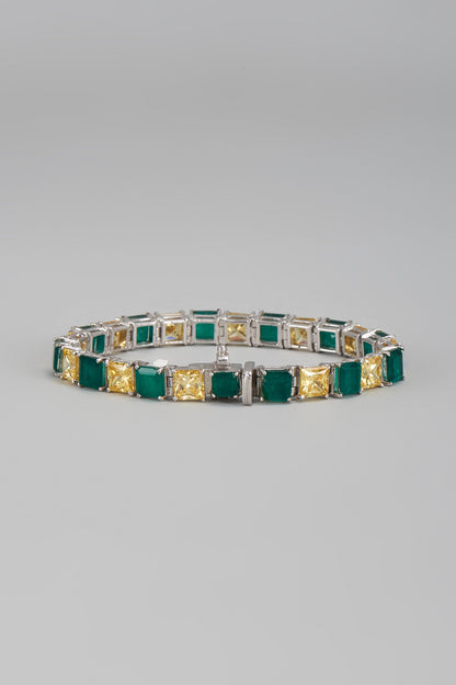 White Finish Green & Yellow Swarovski Tennis Bracelet In Sterling Silver