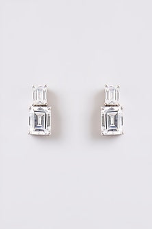 White Finish White Stone Stud Earrings In Sterling Silver
