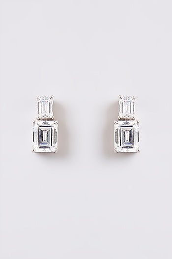White Finish White Stone Stud Earrings In Sterling Silver