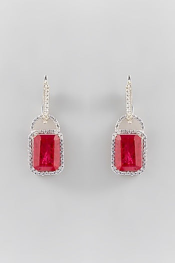 Silver Finish Red Stone Dangler Earrings In Sterling Silver