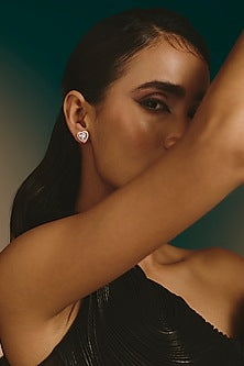 White Finish Pink Stone Stud Earrings In Sterling Silver