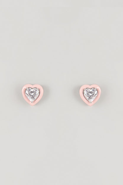 White Finish Pink Stone Stud Earrings In Sterling Silver