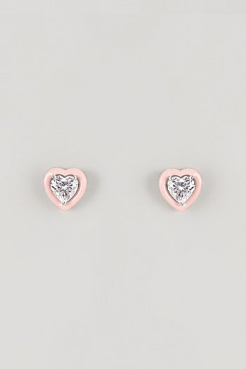 White Finish Pink Stone Stud Earrings In Sterling Silver