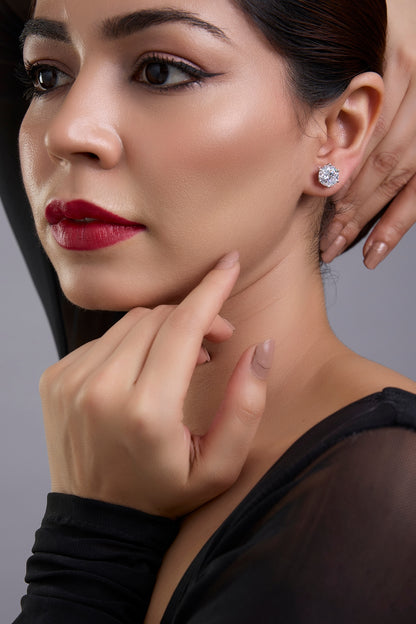 White Finish White Stone Stud Earrings In Sterling Silver