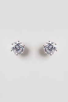White Finish White Stone Stud Earrings In Sterling Silver