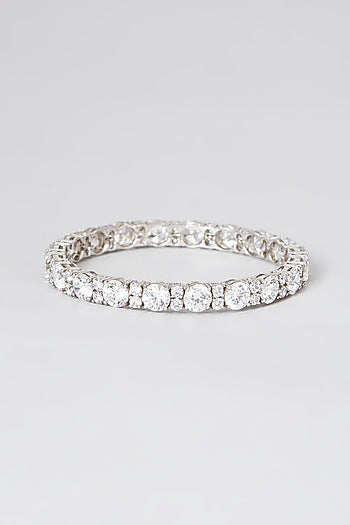 White Rhodium Finish Swarovski Bangle In Sterling Silver