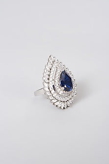 White Rhodium Finish Synthetic Stone Ring In Sterling Silver