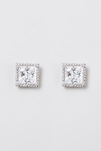 White Rhodium Finish Swarovski Zirconia Stud Earrings In 92.5 Sterling Silver