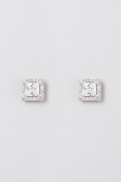 White Rhodium Finish Swarovski Zirconia Round Stud Earrings In 92.5 Sterling Silver