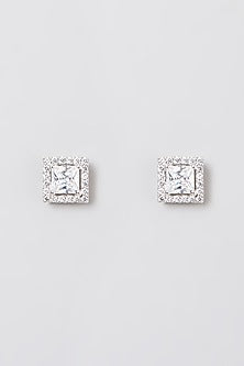 White Rhodium Finish Swarovski Zirconia Round Stud Earrings In 92.5 Sterling Silver