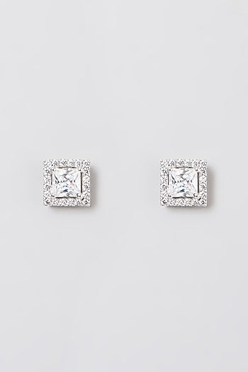 White Rhodium Finish Swarovski Zirconia Round Stud Earrings In 92.5 Sterling Silver