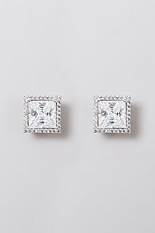 White Rhodium Finish Swarovski Round Stud Earrings In 92.5 Sterling Silver
