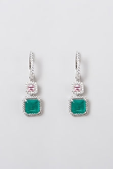 White Rhodium Finish Swarovski Zircons & Synthetic Stones Earrings In 92.5 Sterling Silver