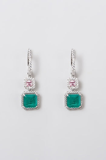 White Rhodium Finish Swarovski Zircons & Synthetic Stones Earrings In 92.5 Sterling Silver