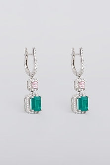White Rhodium Finish Swarovski Zircons & Synthetic Stones Earrings In 92.5 Sterling Silver