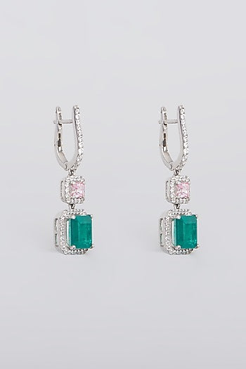 White Rhodium Finish Swarovski Zircons & Synthetic Stones Earrings In 92.5 Sterling Silver