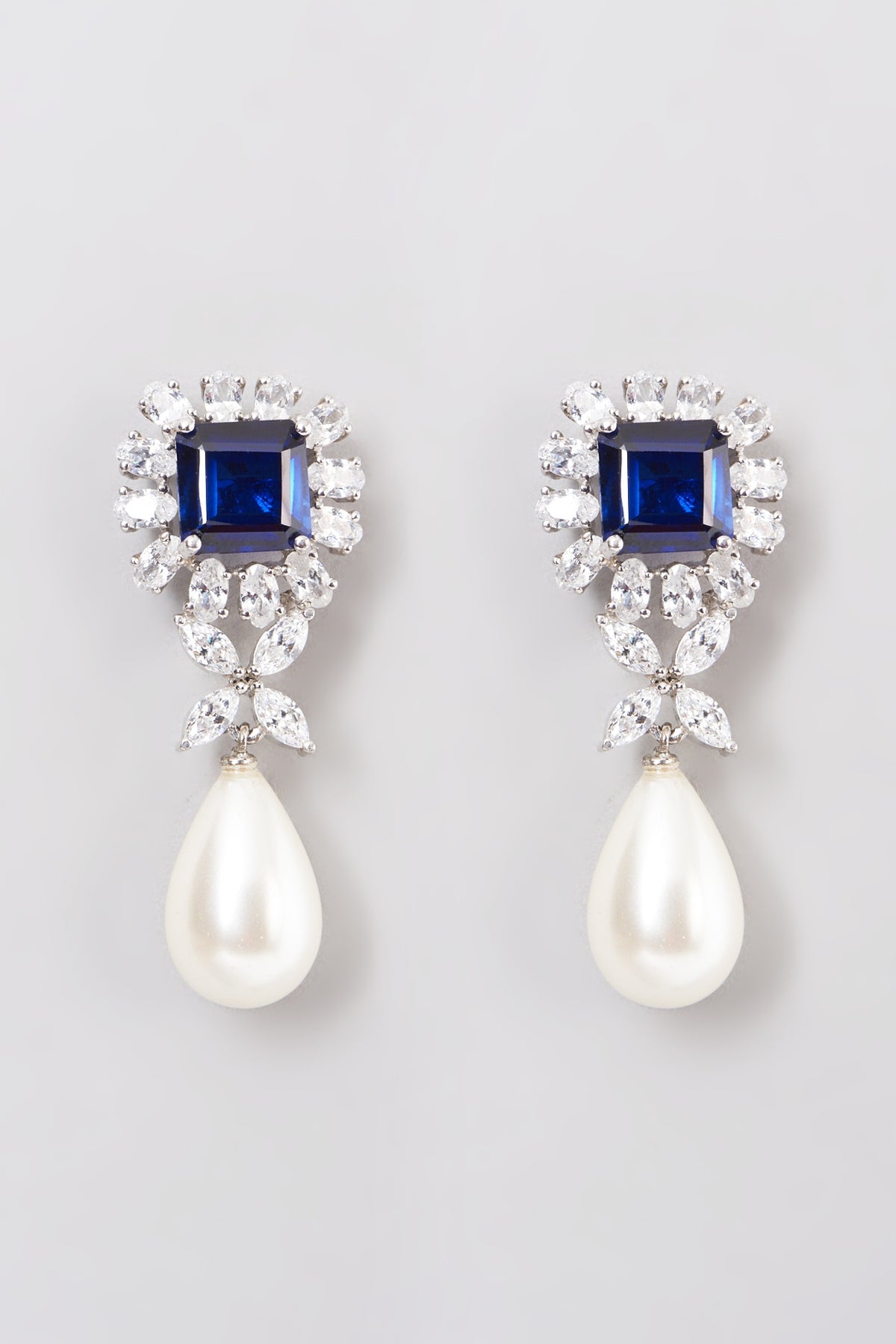 White Rhodium Finish Blue & White Swarovski Zircons Earrings In 92.5 Sterling Silver