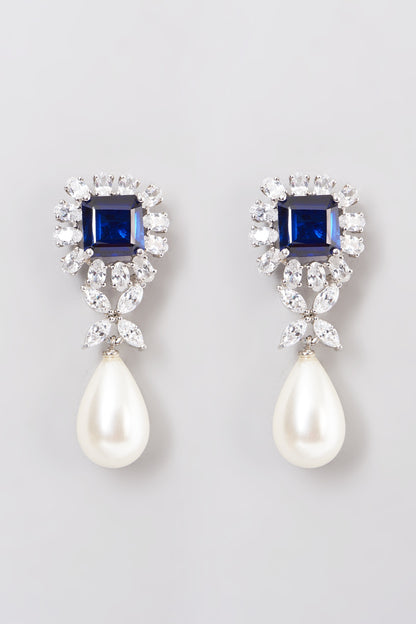 White Rhodium Finish Blue & White Swarovski Zircons Earrings In 92.5 Sterling Silver