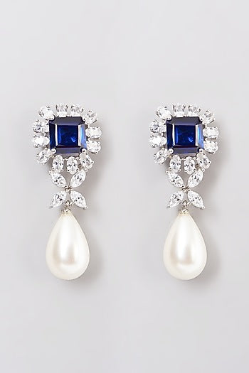 White Rhodium Finish Blue & White Swarovski Zircons Earrings In 92.5 Sterling Silver