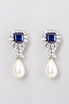 White Rhodium Finish Blue & White Swarovski Zircons Earrings In 92.5 Sterling Silver