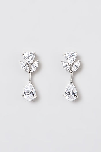 White Rhodium Finish Swarovski Zircons Drop Earrings In 92.5 Sterling Silver